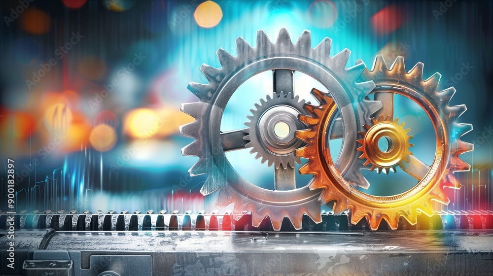 Poster close-up of a single mechanical gear symbolizing effective process management and productivity in in