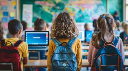 Diverse group of children engaged in learning with computers in a modern classroom setting. Bright and interactive educational environment.