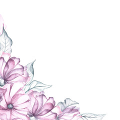 Vintage frame with delicate pink and white flowers. An elegant wedding card. Hand-made watercolor illustration. For greeting and invitation cards, banners, flyers and posters, packaging, labels.