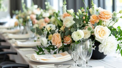 Beautiful table settings at a luxury wedding, featuring elegant tableware, sparkling crystal glasses and beautiful place cards