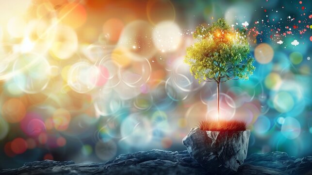 A vibrant tree representing sustainability and eco-friendly practices, set against a colorful background with ample space for text. Ideal for promoting green initiatives and environmental awareness.