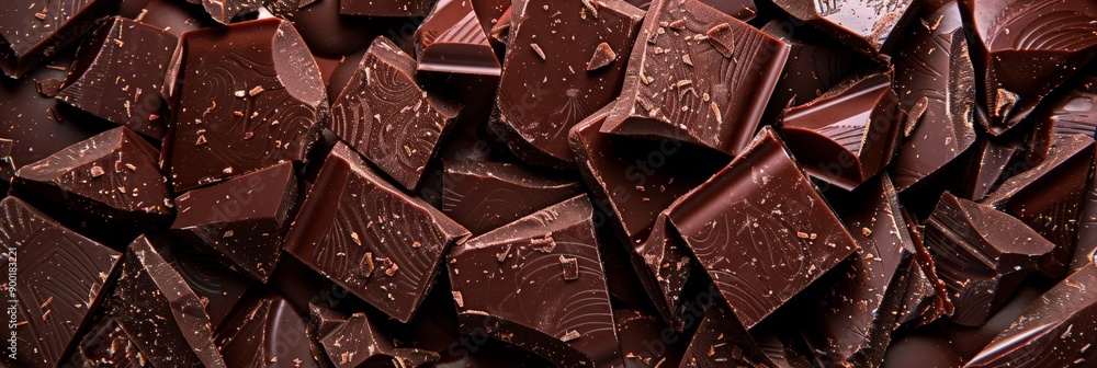 Poster Scattered chunks of dark chocolate forming an abstract pattern. Ideal for food backgrounds and culinary presentations.