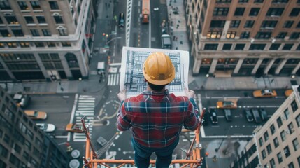 Fototapeta premium Construction Engineer on Scaffolding Reviewing Blueprints, City Street Below