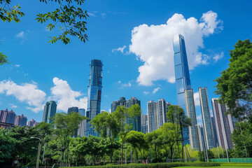Fototapeta premium Skyscrapers Reaching into a Bright Blue Sky with White Clouds on a Sunny Day