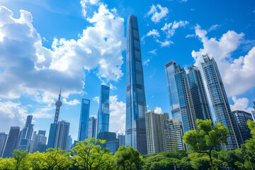 Obraz premium Skyscrapers Reaching into a Bright Blue Sky with White Clouds on a Sunny Day