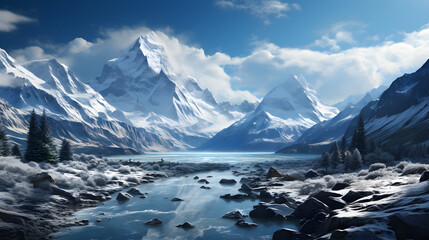 Alps snow mountain valley lake forest