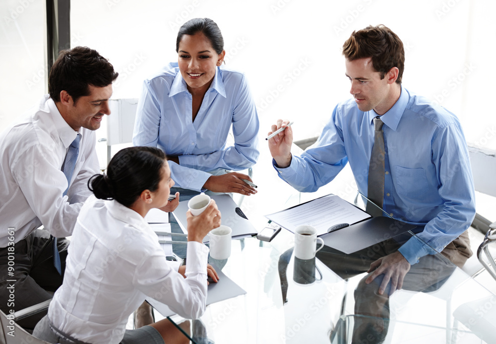 Wall mural business, people and talking for collaboration in boardroom, corporate employee and financial agency