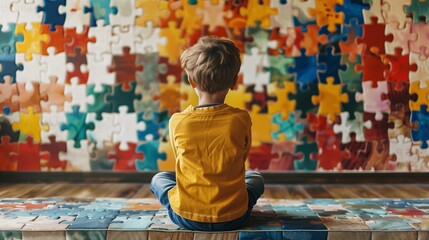 A young boy on the autism spectrum sits with his back to a colorful puzzle wall, symbolizing the complexities and beauty of neurodiversity.