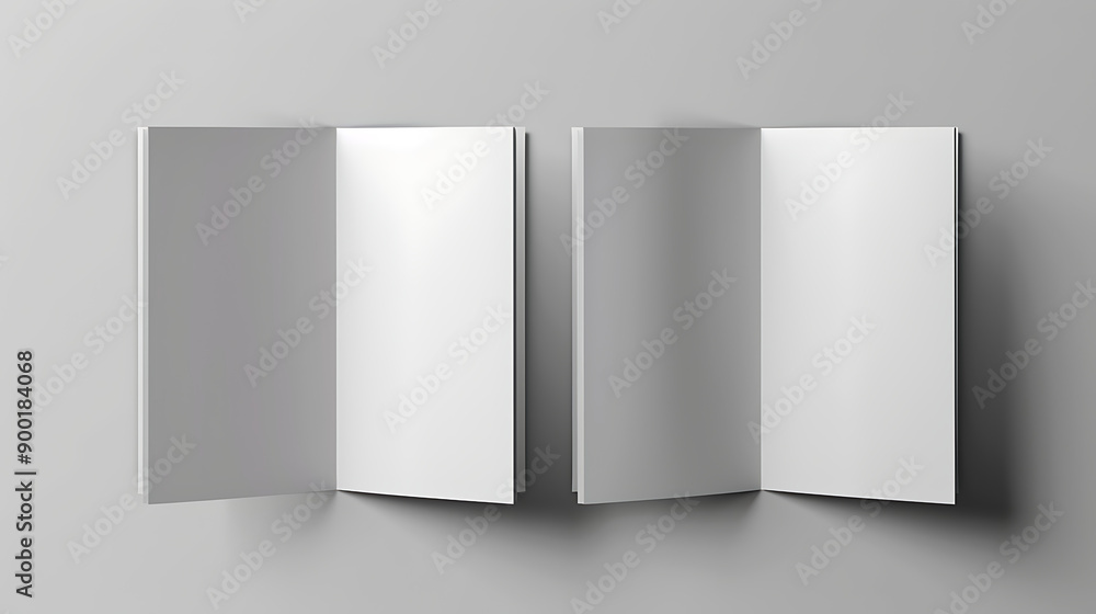 Poster open and closed blank brochures on grey background, top view. mock up for design
