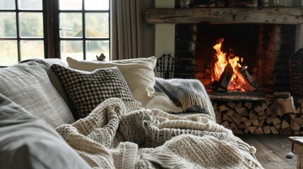 Fototapeta premium A warm fire crackles in the fireplace, casting a warm glow on the comfortable living room. A soft, knitted blanket is draped over the plush couch, inviting relaxation. The window overlooks a snowy win