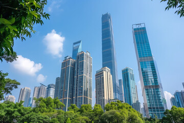 Fototapeta premium Skyscrapers Reaching into a Bright Blue Sky with White Clouds on a Sunny Day