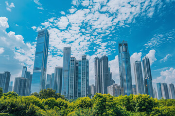 Fototapeta premium Skyscrapers Reaching into a Bright Blue Sky with White Clouds on a Sunny Day