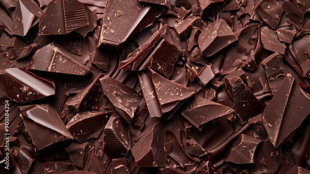 Poster top view of dark chocolate chunks forming an intricate and appealing background. ideal for gourmet f