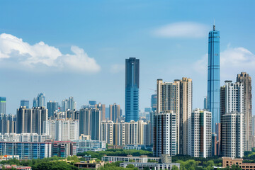 Fototapeta premium Skyscrapers Reaching into a Bright Blue Sky with White Clouds on a Sunny Day