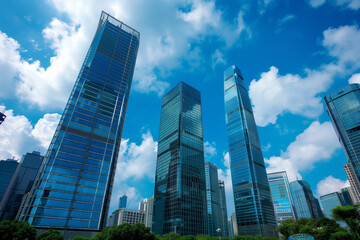 Fototapeta premium Skyscrapers Reaching into a Bright Blue Sky with White Clouds on a Sunny Day