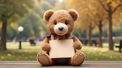 A charming doll of a teddy bear sitting in a park, carrying a blank brown paper board. AI-produced picture