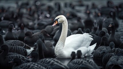 Fototapeta premium Elegant White Swan Standing Out in a Group of Black Swans