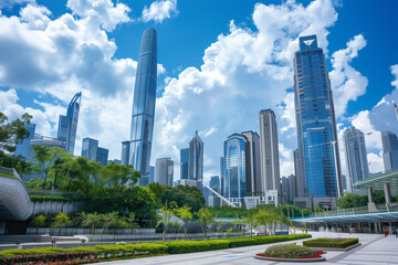 Naklejka premium Skyscrapers Reaching into a Bright Blue Sky with White Clouds on a Sunny Day