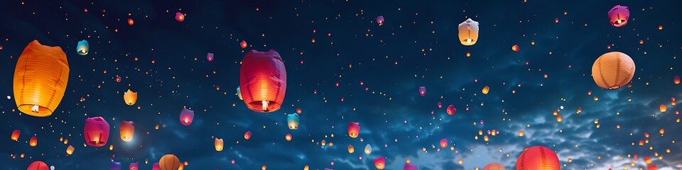 Multicolored paper lanterns floating in the night sky, celebrating Friendship Day.