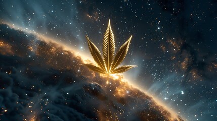 Surreal Image of a Giant Golden Cannabis Leaf in Space