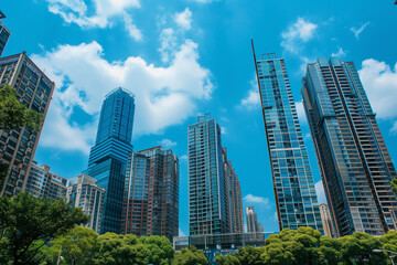 Fototapeta premium Skyscrapers Reaching into a Bright Blue Sky with White Clouds on a Sunny Day