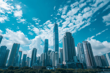 Skyscrapers Reaching into a Bright Blue Sky with White Clouds on a Sunny Day