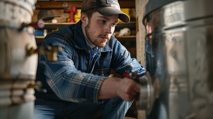 Fototapeta premium A focused technician performing maintenance on a water heater in a workshop, showcasing hands-on skills and attention to detail.