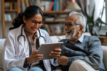 Indian doctor showing happy old man something on tablet in clinic