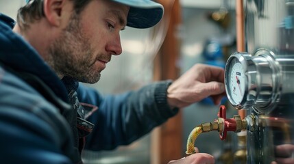 A skilled technician inspects and adjusts a pressure gauge, showcasing precision and focus in a professional setting.
