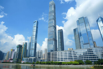 Obraz premium Skyscrapers Reaching into a Bright Blue Sky with White Clouds on a Sunny Day
