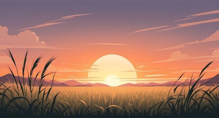 Obraz premium plain with tall grass sunset landscape flat cartoon style illustration design background copy space backdrop