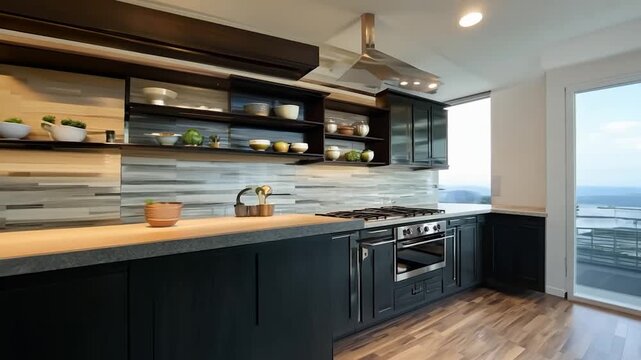 A contemporary kitchen with black cabinetry, elegant countertops, and large windows providing natural light and stunning views