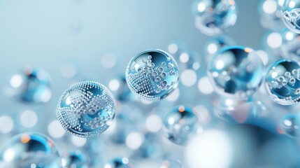 Abstract blue spheres floating in the air with a blurred background.