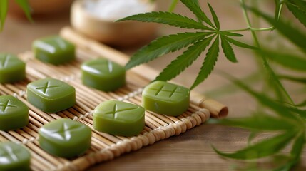 Zen-Inspired Arrangement of Green Soap and Cannabis Leaves