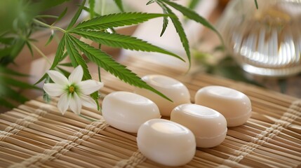 Zen-Inspired Arrangement Of Smooth Stones With Green Leaves And Flower