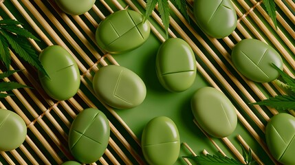 Zen-Inspired Arrangement of Smooth Green Stones on a Bamboo Mat