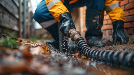 A worker repairs a drain, using equipment to clear water and debris from a flooded area, showcasing restoration efforts.