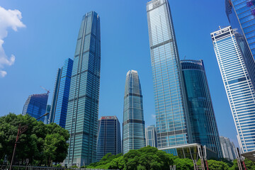 Obraz premium Skyscrapers Reaching into a Bright Blue Sky with White Clouds on a Sunny Day