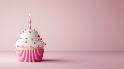 Beautiful cupcake with a lit candle on a pink background, in a minimalistic style, suitable for a birthday celebration concept, 3D rendering, copy space, high quality.