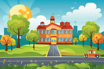Illustration of a Sunny Day at a School Building with Trees and a Car
