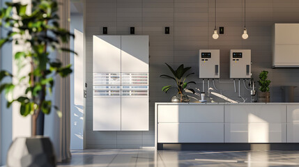A modern, sleek kitchen with white cabinetry and appliances, bathed in natural light, representing contemporary home design and functionality.