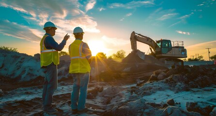 Construction workers talk about plans on site at sunset.

