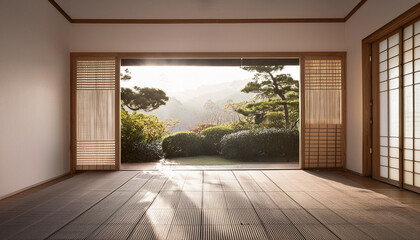 Obraz premium A traditional Japanese room with tatami mats, shoji screens, and natural light, creating a serene and tranquil ambiance perfect for showcasing cultural design and minimalist decor inspiration.