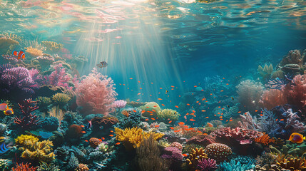 Obraz premium A vibrant coral reef teeming with various colorful fish and marine life, illuminated by sunlight streaming through the water.
