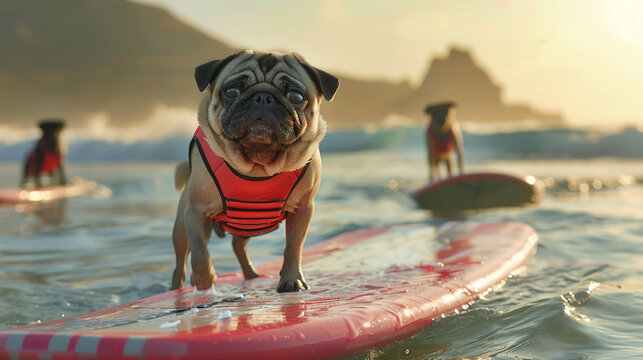 A pug wearing a red life jacket standing on a pink surfboard in the ocean with two other pugs on surfboards in the background, against a scenic sunset.