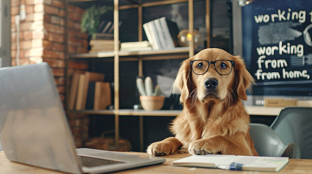 A golden retriever wearing glasses sitting at a desk with a laptop and notebook, in a home office setting, suggesting remote work or studying.