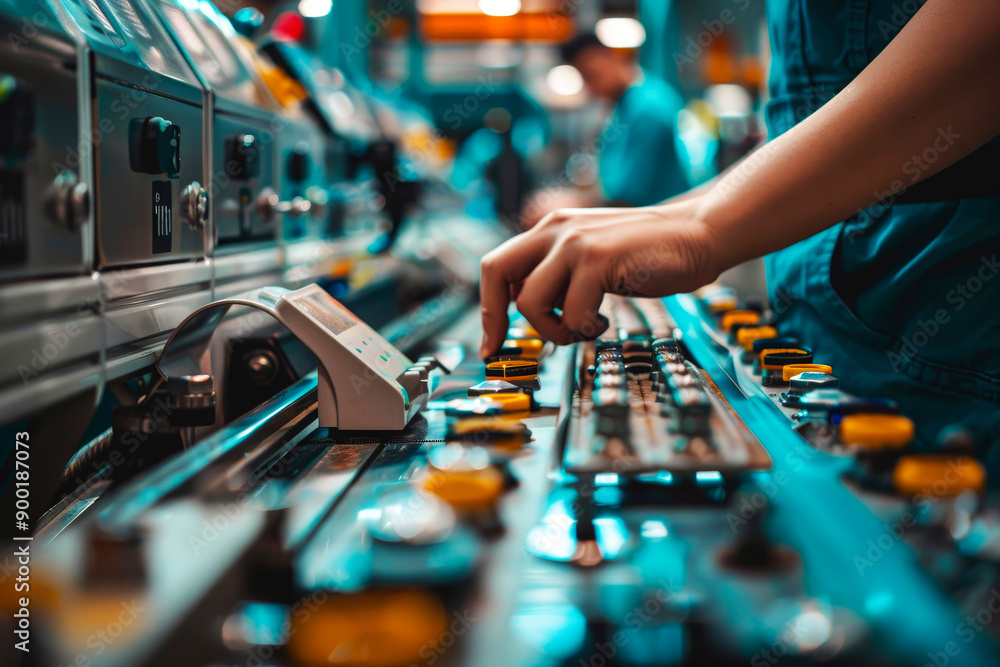 Poster a hand is seen operating a control panel in an industrial factory setting, emphasizing precision and