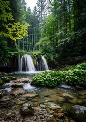 Obraz premium A peaceful woodland scene with a small waterfall cascading over rocks into a clear pool, surrounded by lush vegetation and tall trees.