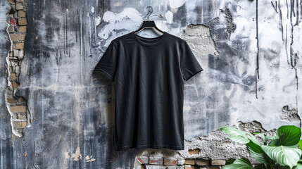 Naklejka premium A black T-shirt is hanging against an urban textured wall, featuring a mix of exposed bricks and painted concrete, lending to a rugged aesthetic.