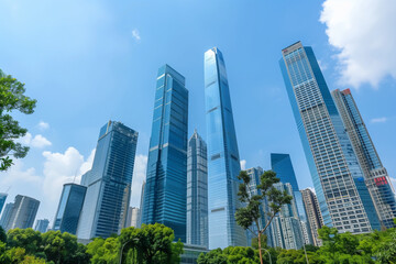 Obraz premium Skyscrapers Reaching into a Bright Blue Sky with White Clouds on a Sunny Day